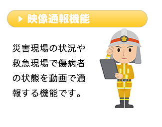 災害現場の状況や救急現場で傷病者の状態を動画で通報する機能です。